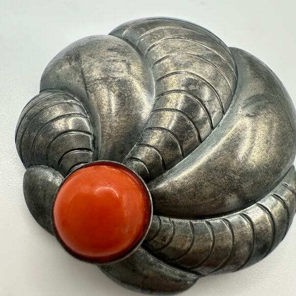Rare Dinkelsbühl antique vintage German 935 silver red coral brooch pin - Picture 3 of 7
